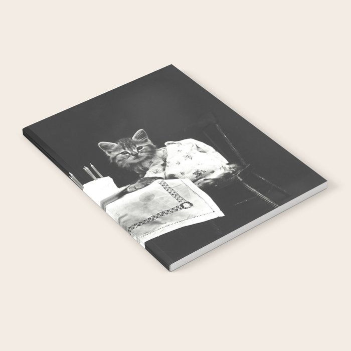 Vintage Let them eat cake kittens with cake and candles funny humorous black and white photograph Notebook Gallery Image 1