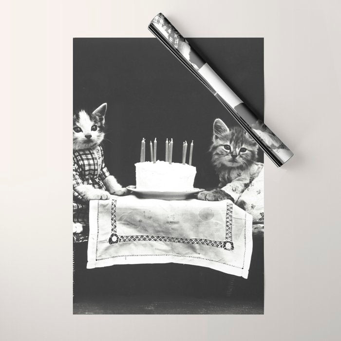 Vintage Let them eat cake kittens with cake and candles funny humorous black and white photograph Wrapping Paper Gallery Image 1