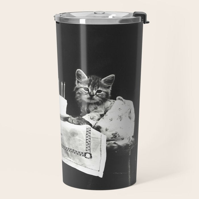 Vintage Let them eat cake kittens with cake and candles funny humorous black and white photograph Travel Mug Gallery Image 2