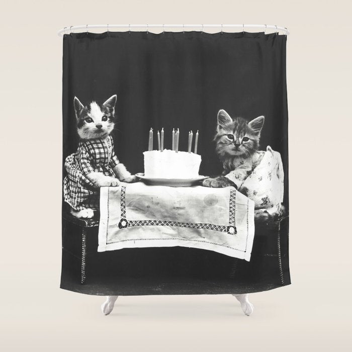 Vintage Let them eat cake kittens with cake and candles funny humorous black and white photograph Shower Curtain Gallery Image 1