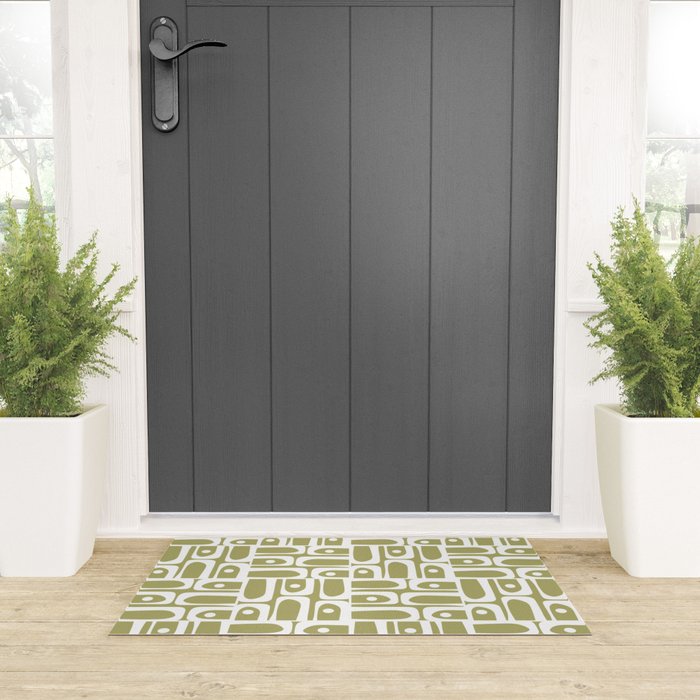 Mid Century Modern Piquet Geometric Split Pea Green and White Pattern Welcome Mat Gallery Image 3