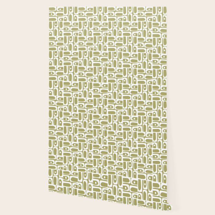 Mid Century Modern Piquet Geometric Split Pea Green and White Pattern Wallpaper Gallery Image 2
