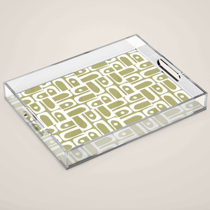 Mid Century Modern Piquet Geometric Split Pea Green and White Pattern Acrylic Tray Gallery Image 1
