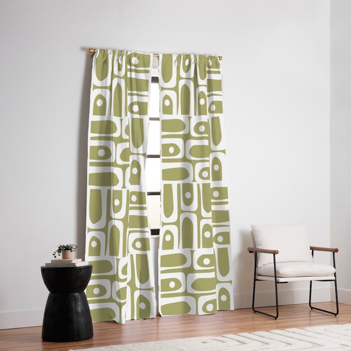 Mid Century Modern Piquet Geometric Split Pea Green and White Pattern Window Curtain Gallery Image 2