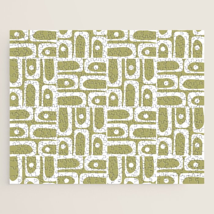 Mid Century Modern Piquet Geometric Split Pea Green and White Pattern Jigsaw Puzzle Gallery Image 1