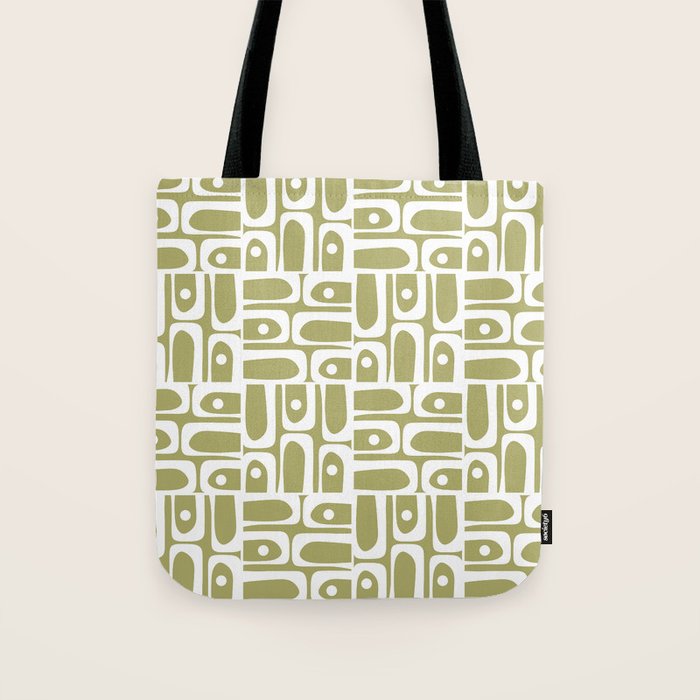 Mid Century Modern Piquet Geometric Split Pea Green and White Pattern Tote Bag Gallery Image 1