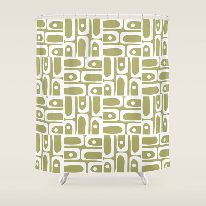Mid Century Modern Piquet Geometric Split Pea Green and White Pattern Shower Curtain Gallery Image 1