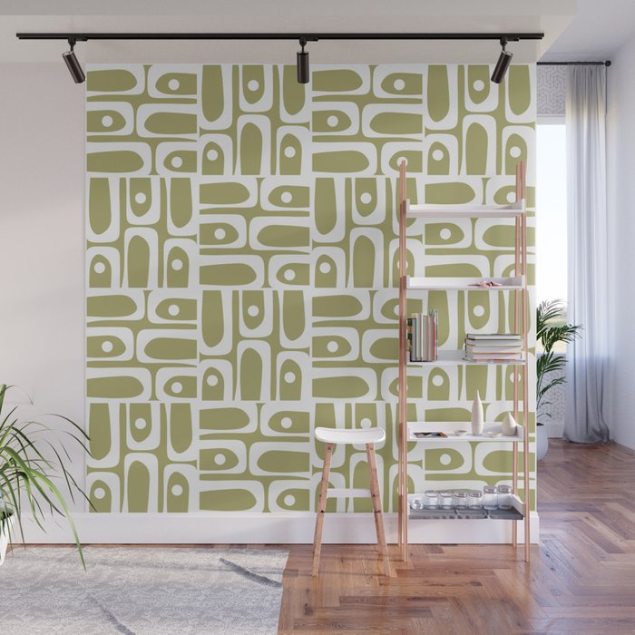 Mid Century Modern Piquet Geometric Split Pea Green and White Pattern Wall Mural Gallery Image 1