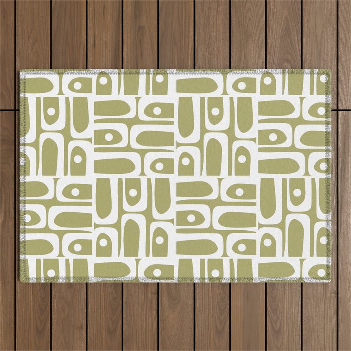 Mid Century Modern Piquet Geometric Split Pea Green and White Pattern Outdoor Rug Gallery Image 1