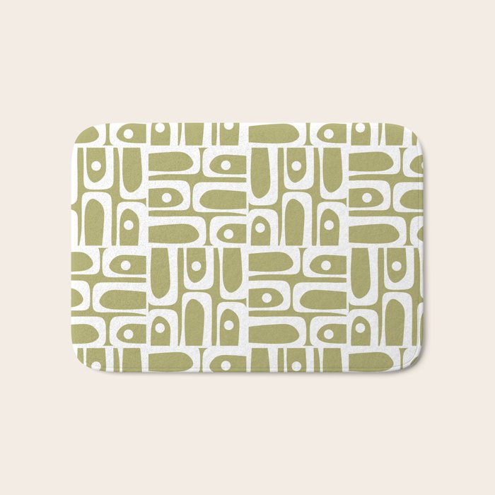 Mid Century Modern Piquet Geometric Split Pea Green and White Pattern Bath Mat Gallery Image 1
