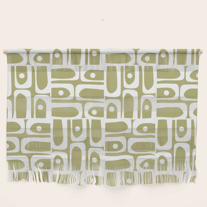 Mid Century Modern Piquet Geometric Split Pea Green and White Pattern Wall Hanging Gallery Image 1