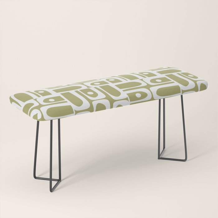 Mid Century Modern Piquet Geometric Split Pea Green and White Pattern Bench Gallery Image 1