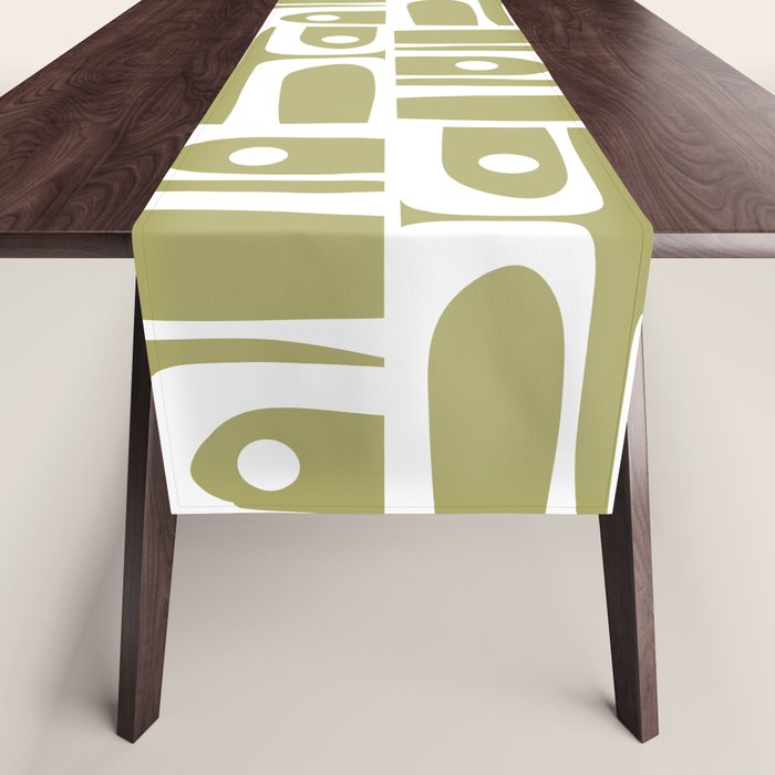 Mid Century Modern Piquet Geometric Split Pea Green and White Pattern Table Runner Gallery Image 1