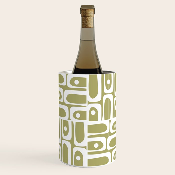 Mid Century Modern Piquet Geometric Split Pea Green and White Pattern Wine Chiller Gallery Image 1