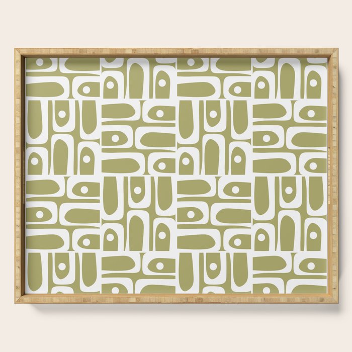 Mid Century Modern Piquet Geometric Split Pea Green and White Pattern Serving Tray Gallery Image 1