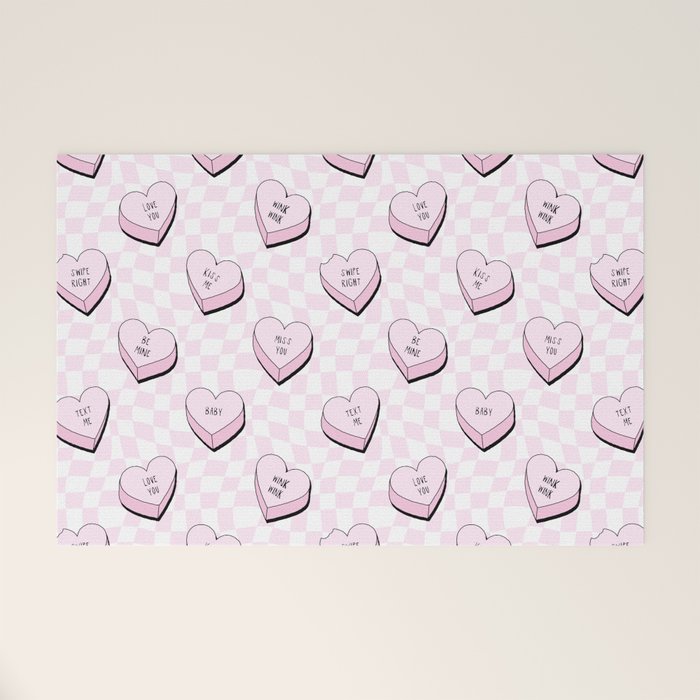 Pink love heart candy checkered pattern Welcome Mat Gallery Image 1