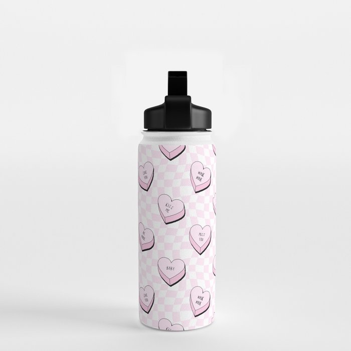 Pink love heart candy checkered pattern Water Bottle Gallery Image 2