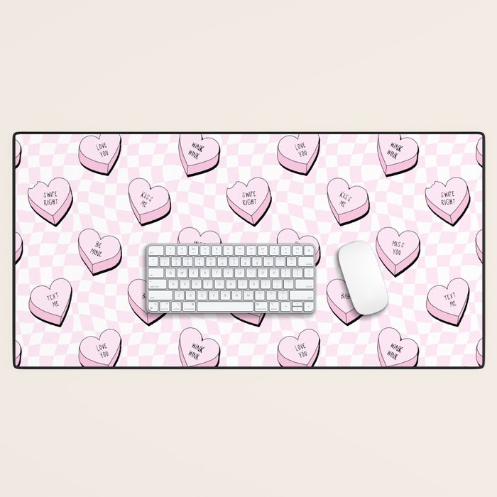 Pink love heart candy checkered pattern Desk Mat Gallery Image 1