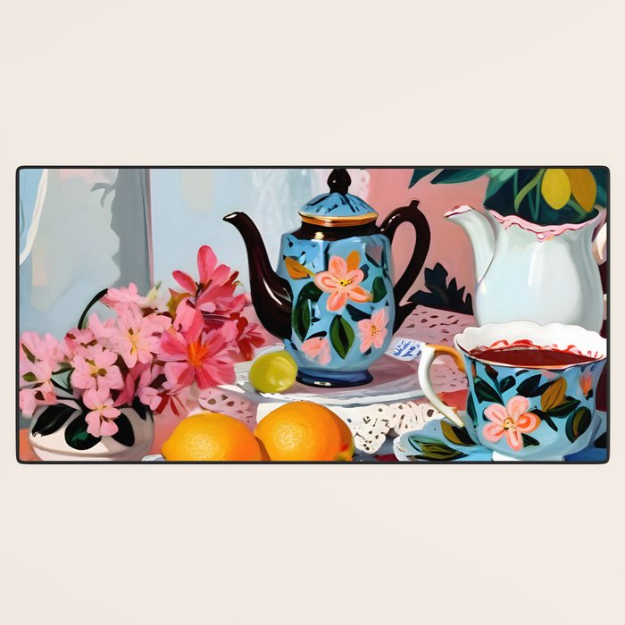 Earl Brown Tea Time, Tea Cups Supper High Tea, Slow Living Eclectic Whimsical Maximalist, Lemons Food Coffee Desk Mat Gallery Image 3
