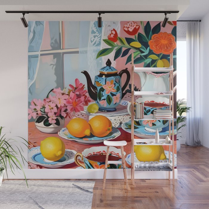 Earl Brown Tea Time, Tea Cups Supper High Tea, Slow Living Eclectic Whimsical Maximalist, Lemons Food Coffee Wall Mural Gallery Image 1