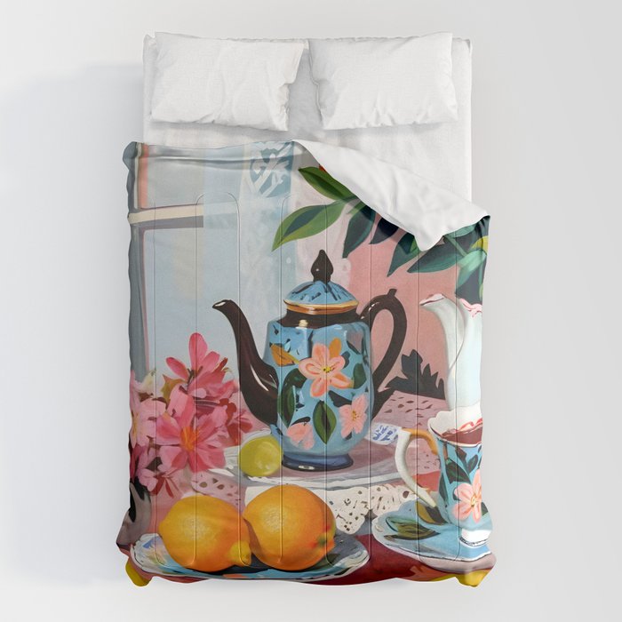 Earl Brown Tea Time, Tea Cups Supper High Tea, Slow Living Eclectic Whimsical Maximalist, Lemons Food Coffee Comforter Gallery Image 6