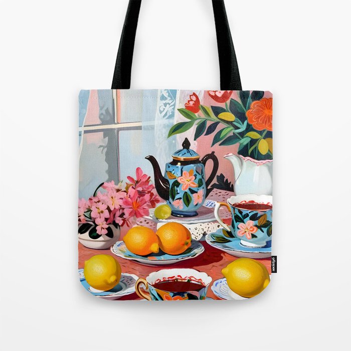 Earl Brown Tea Time, Tea Cups Supper High Tea, Slow Living Eclectic Whimsical Maximalist, Lemons Food Coffee Tote Bag Gallery Image 1