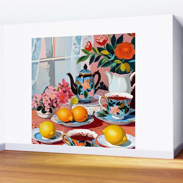 Earl Brown Tea Time, Tea Cups Supper High Tea, Slow Living Eclectic Whimsical Maximalist, Lemons Food Coffee Wall Mural Gallery Image 2