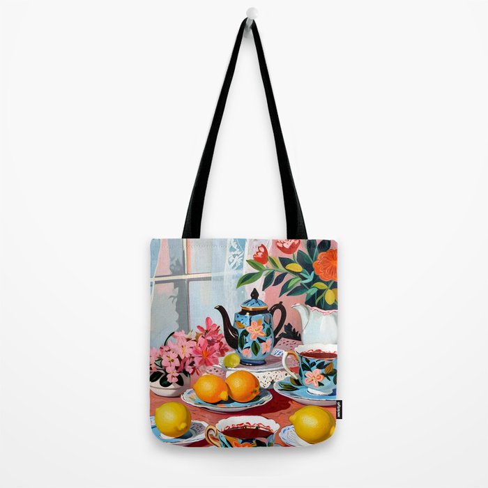 Earl Brown Tea Time, Tea Cups Supper High Tea, Slow Living Eclectic Whimsical Maximalist, Lemons Food Coffee Tote Bag Gallery Image 2