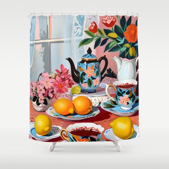 Earl Brown Tea Time, Tea Cups Supper High Tea, Slow Living Eclectic Whimsical Maximalist, Lemons Food Coffee Shower Curtain Gallery Image 1