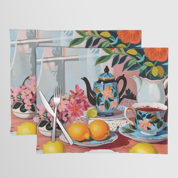 Earl Brown Tea Time, Tea Cups Supper High Tea, Slow Living Eclectic Whimsical Maximalist, Lemons Food Coffee Placemat Gallery Image 1