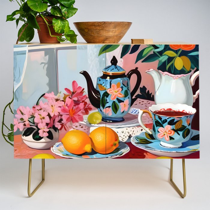 Earl Brown Tea Time, Tea Cups Supper High Tea, Slow Living Eclectic Whimsical Maximalist, Lemons Food Coffee Credenza Gallery Image 1