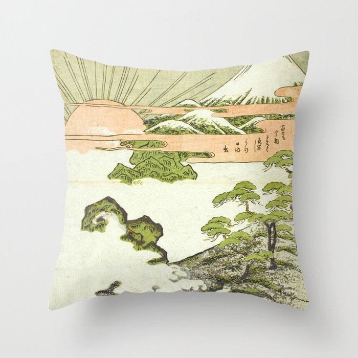 View of Mount Fuji at sunrise on New Year's Day by Isoda Koryusai Throw Pillow Gallery Image 6