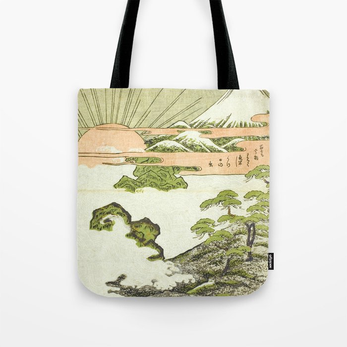 View of Mount Fuji at sunrise on New Year's Day by Isoda Koryusai Tote Bag Gallery Image 1