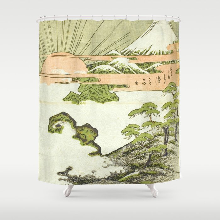View of Mount Fuji at sunrise on New Year's Day by Isoda Koryusai Shower Curtain Gallery Image 1
