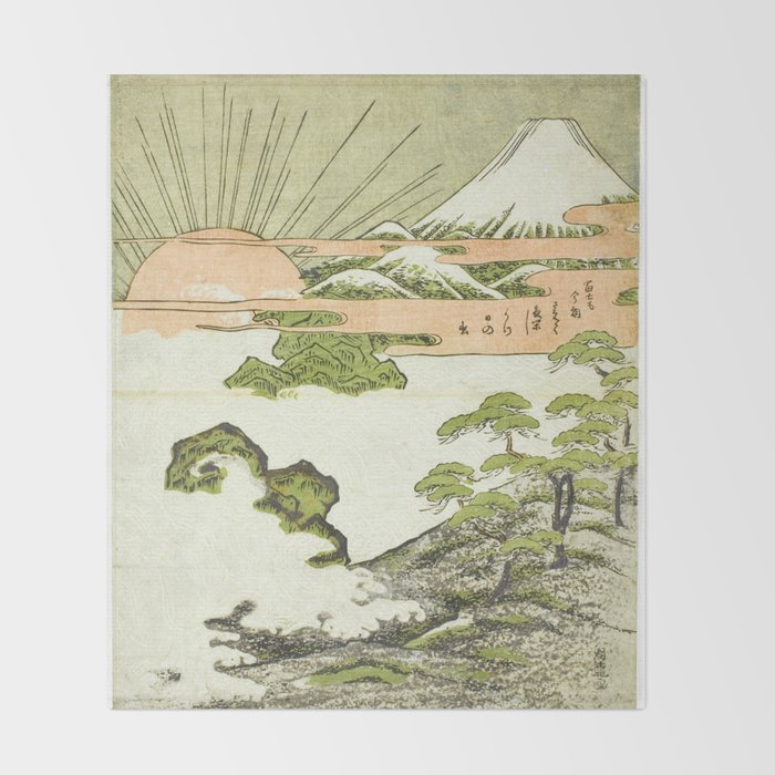 View of Mount Fuji at sunrise on New Year's Day by Isoda Koryusai Throw Blanket Gallery Image 2