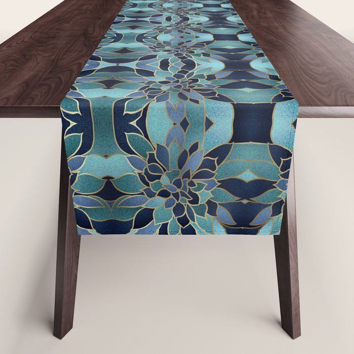 Festive, Floral Prints, Navy Blue, Teal and Gold Table Runner Gallery Image 1