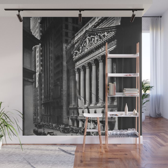 Wall Street, Stock Exchange, New York, New York black and white photograph Wall Mural Gallery Image 1