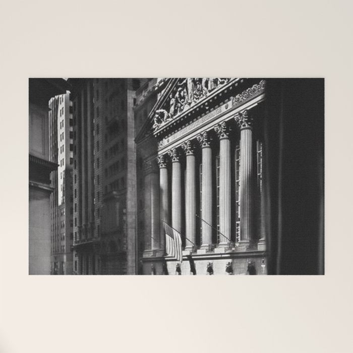 Wall Street, Stock Exchange, New York, New York black and white photograph Welcome Mat Gallery Image 1