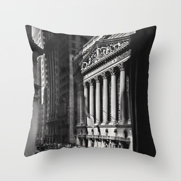 Wall Street, Stock Exchange, New York, New York black and white photograph Throw Pillow Gallery Image 1