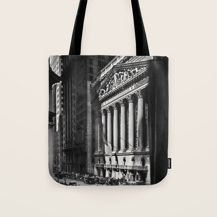Wall Street, Stock Exchange, New York, New York black and white photograph Tote Bag Gallery Image 1