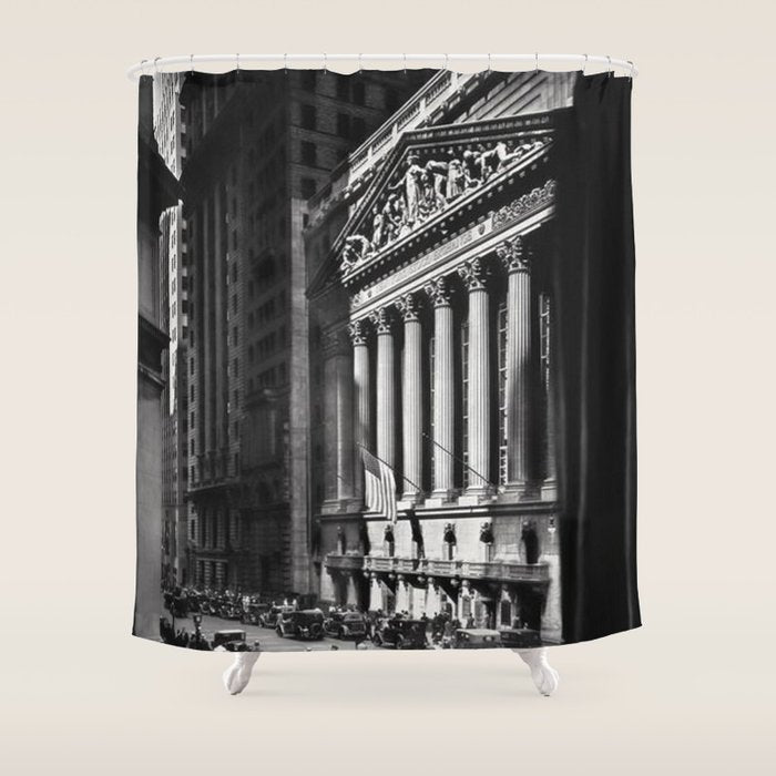 Wall Street, Stock Exchange, New York, New York black and white photograph Shower Curtain Gallery Image 1