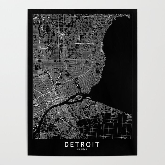 Detroit Black Map Poster Gallery Image 1
