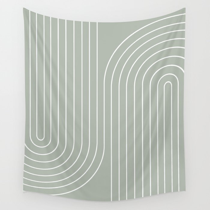 Minimal Line Curvature LXXXIX Pastel Sage Green Mid Century Modern Arch Abstract Wall Tapestry Gallery Image 1