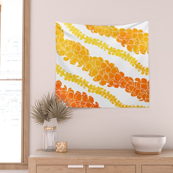 Puakenikeni lei art on white Wall Tapestry Gallery Image 2