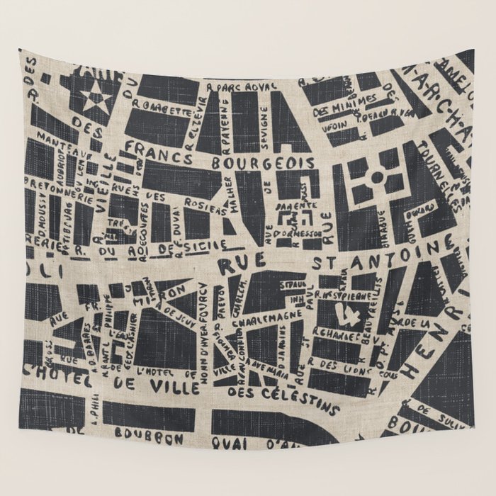 PARIS MAP BLACK RUSTIC Wall Tapestry Gallery Image 1