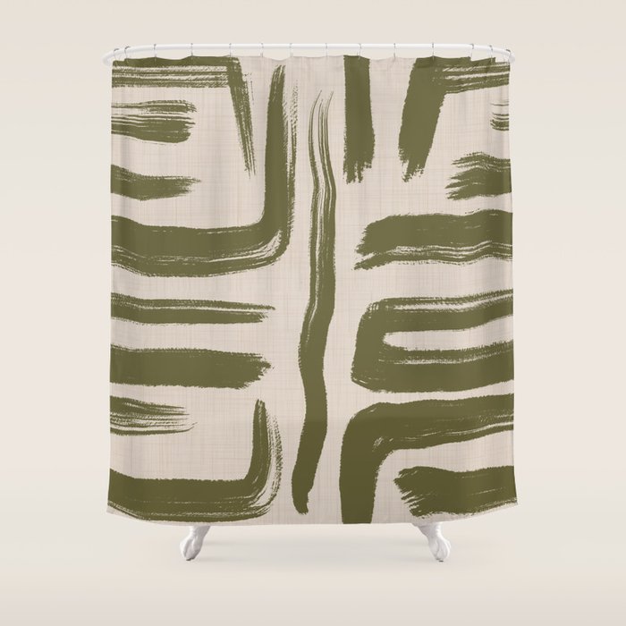 Olive Brushstrokes - Abstract Mid Century Modern Shower Curtain Gallery Image 1