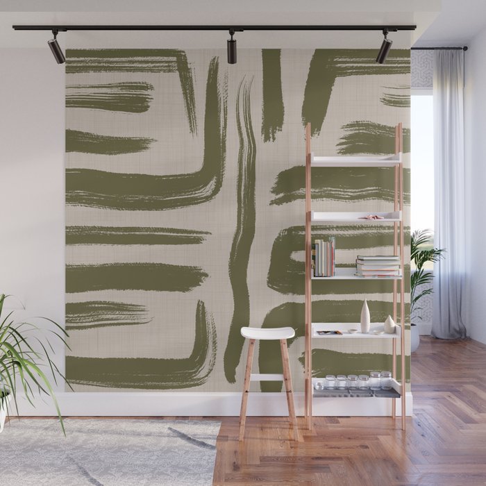 Olive Brushstrokes - Abstract Mid Century Modern Wall Mural Gallery Image 1