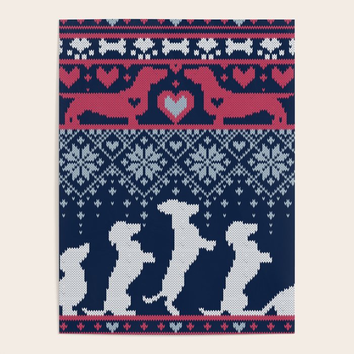 Fair Isle Knitting Doxie Love // navy blue background white and red dachshunds dogs bones paws and hearts Poster