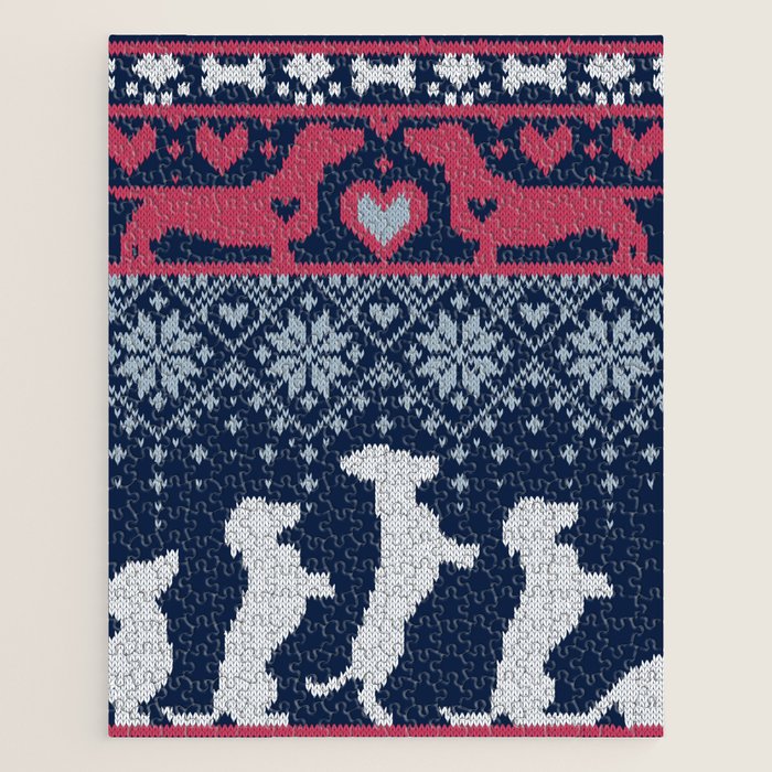 Fair Isle Knitting Doxie Love // navy blue background white and red dachshunds dogs bones paws and hearts Jigsaw Puzzle Gallery Image 1