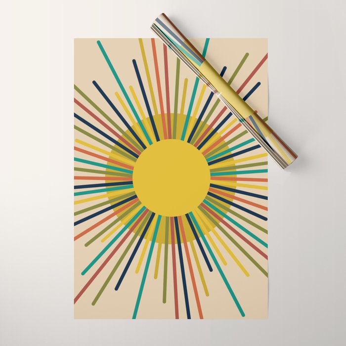 Sunbow 3 - Mid Mod Multicolor Sunburst Sun on Beige Wrapping Paper Gallery Image 1